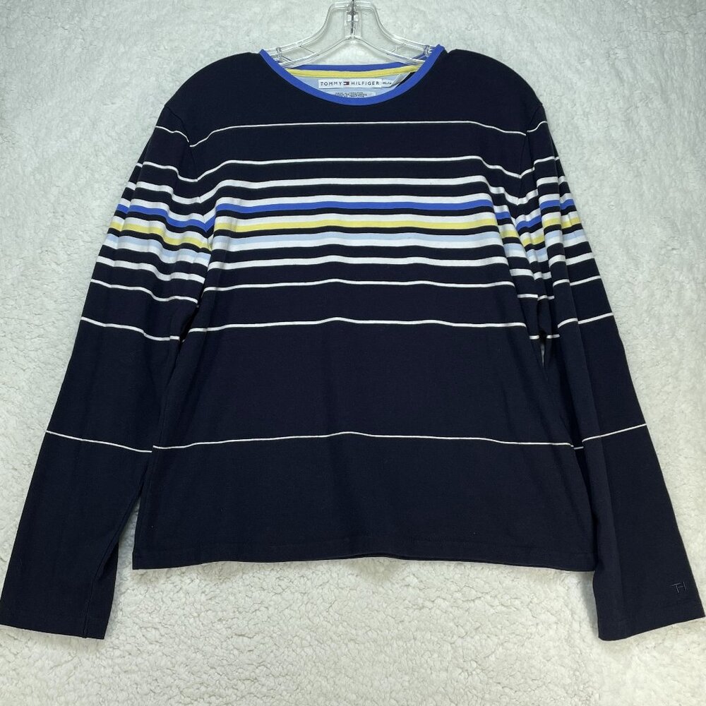 Vintage Tommy Hilfiger Sweater Womens Size XL Blue White Striped Cotton Blend